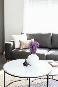 苏黎世Lamira - Serviced Apartments的客厅配有白色咖啡桌和沙发