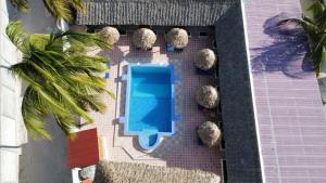 帕杰Amani Hotel Paje的享有游泳池和棕榈树的上方景色