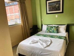 基布多Ayenda Hotel Ecosuite Quibdó的一间卧室设有两张带绿色墙壁和窗户的床。