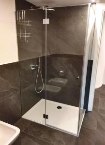 马累Suite Svaizer con giardino privato的浴室里设有玻璃门淋浴