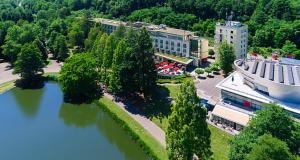萨尔布吕肯萨布鲁肯维克多住所酒店的享有河边建筑物的空中景致