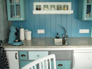 登堡Noordwester 45的厨房设有蓝色的墙壁、水槽和椅子