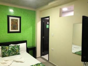 基布多Ayenda Hotel Ecosuite Quibdó的绿色卧室配有床和镜子