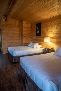 帕尔默Alaska Glacier Lodge的木墙客房的两张床