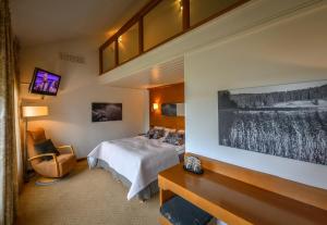 沃卡蒂Hotel Aateli Lakeside的配有一张床和一张书桌的酒店客房