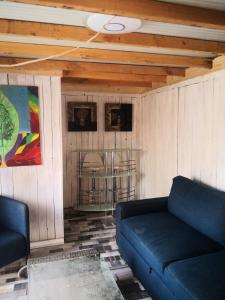 AguatonaRomantic Woodhouse casita camping的客厅设有蓝色的沙发和天花板