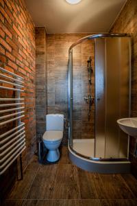 BukVilla Marcelina-Buk的带淋浴、卫生间和盥洗盆的浴室