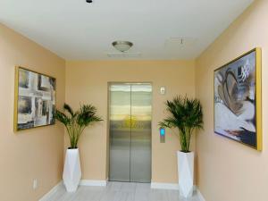 Tortola IslandThe New View Inn的走廊上设有两株盆栽植物和一部电梯