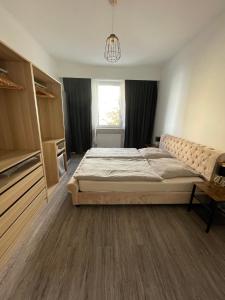 纽伦堡Zentrale 3-Zimmer-Wohnung in Nürnberg的一间卧室设有一张大床和一个窗户。