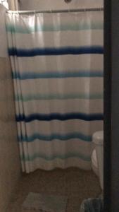 SanctórumHotelito Ejido的带淋浴帘和卫生间的浴室