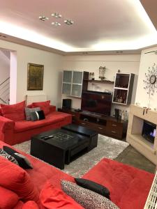 塞萨洛尼基Two Floor Luxurious Villa #skg的客厅配有红色家具和平面电视
