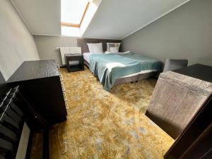 波兹南Malta Premium的一间卧室配有床,地板覆盖着水面