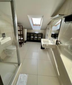 波兹南Malta Premium的带淋浴、盥洗盆和卫生间的浴室