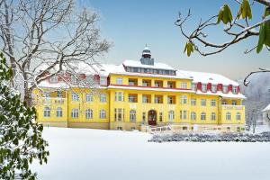 叙尔茨哈Ferien Hotel Villa Südharz的一座黄色的建筑,地面上积雪