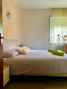 莱维科特尔梅Appartamento Verdebleu - Lago e Terme的一间卧室配有一张带绿色枕头的床