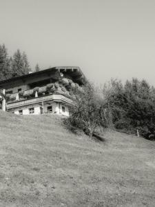 齐勒河谷采尔Schulhaus Tirol的山丘上房子的黑白照片