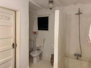 马林迪Kaleb's Serviced Beachfront Villa的白色的浴室设有卫生间和窗户。