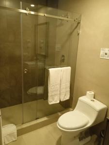 昆卡Hotel Raymipampa的浴室设有卫生间和带毛巾的淋浴。