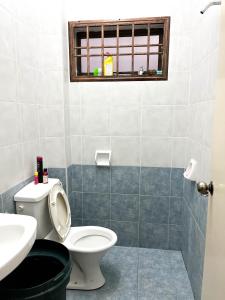 麻坡Muar Homestay [Located at Sabak Awor Seafood Court]的一间带卫生间、水槽和窗户的浴室