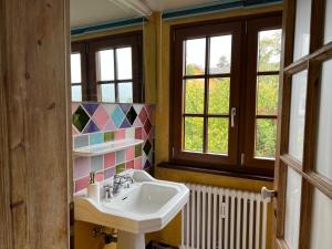 巴登-巴登派提布乐酒店的一间带水槽的浴室和两个窗户