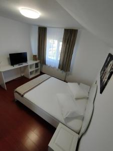 普洛耶什蒂"Apartament"-Casa Genius的卧室配有一张白色大床和电视。