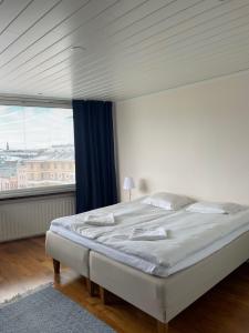 图尔库Nauti Turun jokirannasta, keskustassa, ylin kerros的一间卧室设有一张大床和一个大窗户