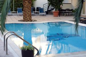 纳弗帕克托斯普拉扎酒店的一个带棕榈树和椅子的蓝色游泳池