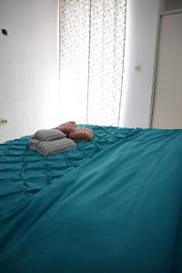 普里莱普Cavleski apartment的一张带蓝色床单和毛巾的床