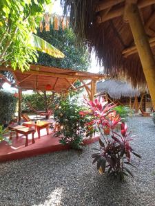 帕洛米诺Coco Sänkala Hostel的一个带草伞、桌子和植物的庭院