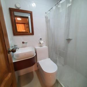 瓜亚基尔Hotel Bonanza的一间带卫生间、水槽和镜子的浴室