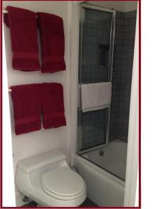 旧金山Beautiful Edwardian Victorian Homestay B&B的一间带卫生间、淋浴和红色毛巾的浴室