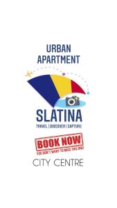 斯拉蒂纳URBAN Apartment - Slatina City Centre的现今市中心的一块读了斜纹图的标志