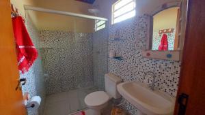 戈亚斯州上帕莱索Chalés Flor de Manacá的一间带卫生间、水槽和镜子的浴室