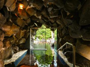 松本Keiryuso Siorie的水池中带玻璃门的石洞