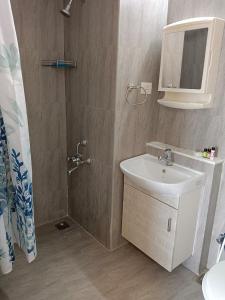 莫尔穆冈Nirvana Paraiso的一间带水槽、镜子和淋浴的浴室