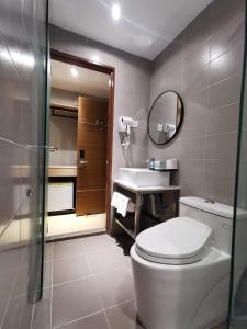 拉布安OCEAN HOTEL的一间带卫生间、水槽和镜子的浴室