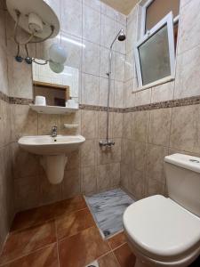 亚喀巴得维克1号酒店的浴室配有卫生间、盥洗盆和淋浴。