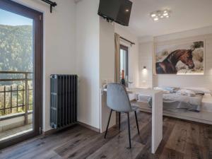蓬泰迪莱尼奥Hotel Garnì Alta Valle的一间卧室配有书桌、床和窗户。