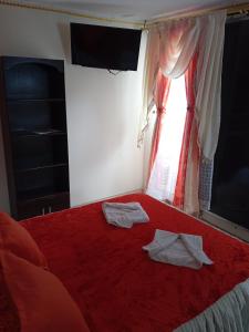 萨兰托玛塔托里马旅馆的一间卧室配有红色的床和2条毛巾