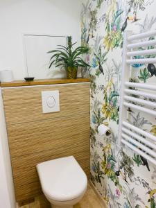 圣艾尼昂La Tiny Blue - maison insolite pour 2 - sans Tv的一间带卫生间的浴室和墙上的植物