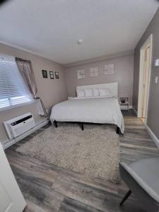 拉科尼亚Spacious Condo Walking distance to Weirs的卧室配有一张白色大床和地毯。