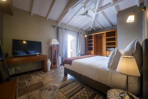 圣马丁岛La Villa Hibiscus, Saint Martin的一间卧室配有一张大床和电视
