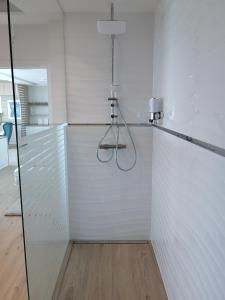 塞克萨德SXRD Luxus Apartmanok的白色客房内的玻璃淋浴间