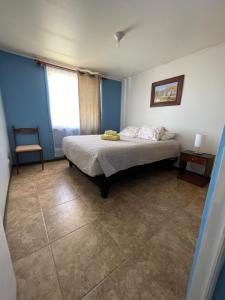 圣佩德罗·德·阿塔卡马Cabañas Pankara的一间设有床铺的卧室,位于一间拥有蓝色墙壁的房间