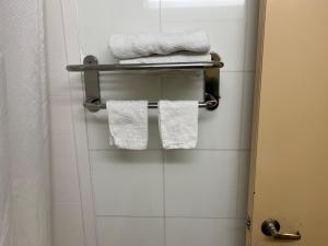 布鲁克林大西洋汽车旅馆的浴室提供毛巾架上的白色毛巾