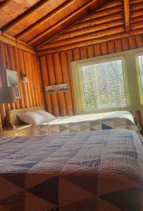 沃瓦High Falls Motel & Cabins的一间卧室设有两张床和窗户。