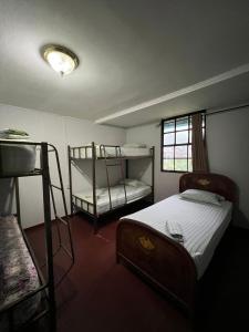 Bajo BoqueteLa Casa de Doña Cata的一间卧室设有两张双层床和一扇窗户。