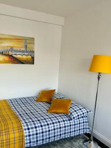 伦敦Beautiful Quality Apartment in Camden Town的一间卧室配有一张带灯具和绘画的床