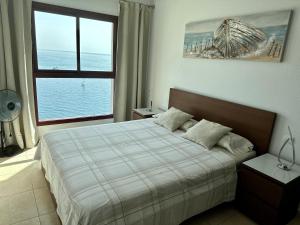 库拉海滩Su Eminencia - Luxury Apartment的一间卧室设有一张床和一个大窗户