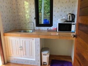 高兰Lanta Living bungalow的一间带水槽和微波炉的小厨房